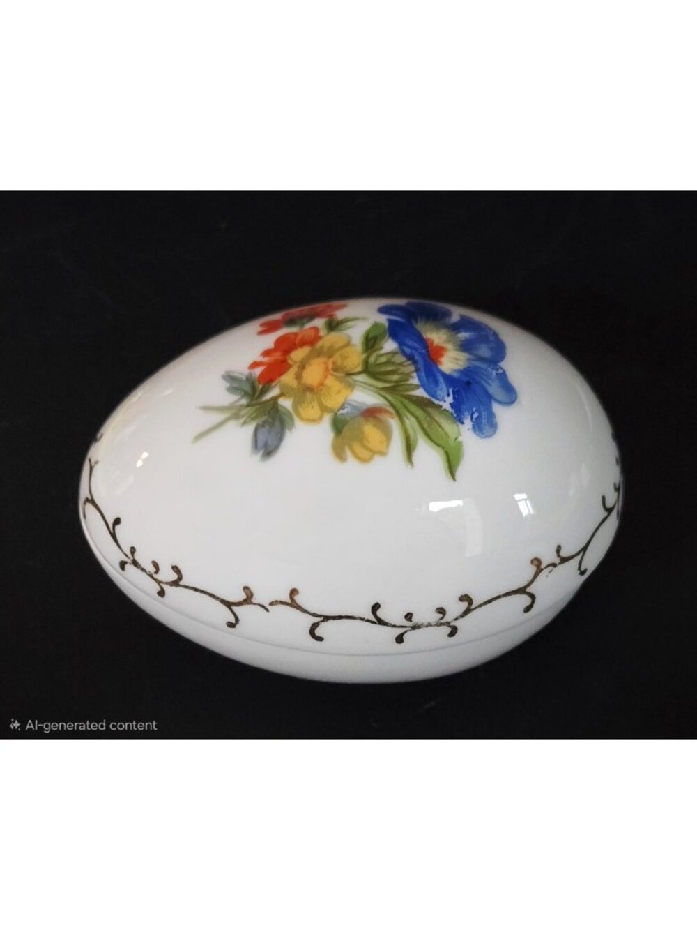 Vintage Porcelain Floral Trinket Box With Gold Detailing - Oval Shape